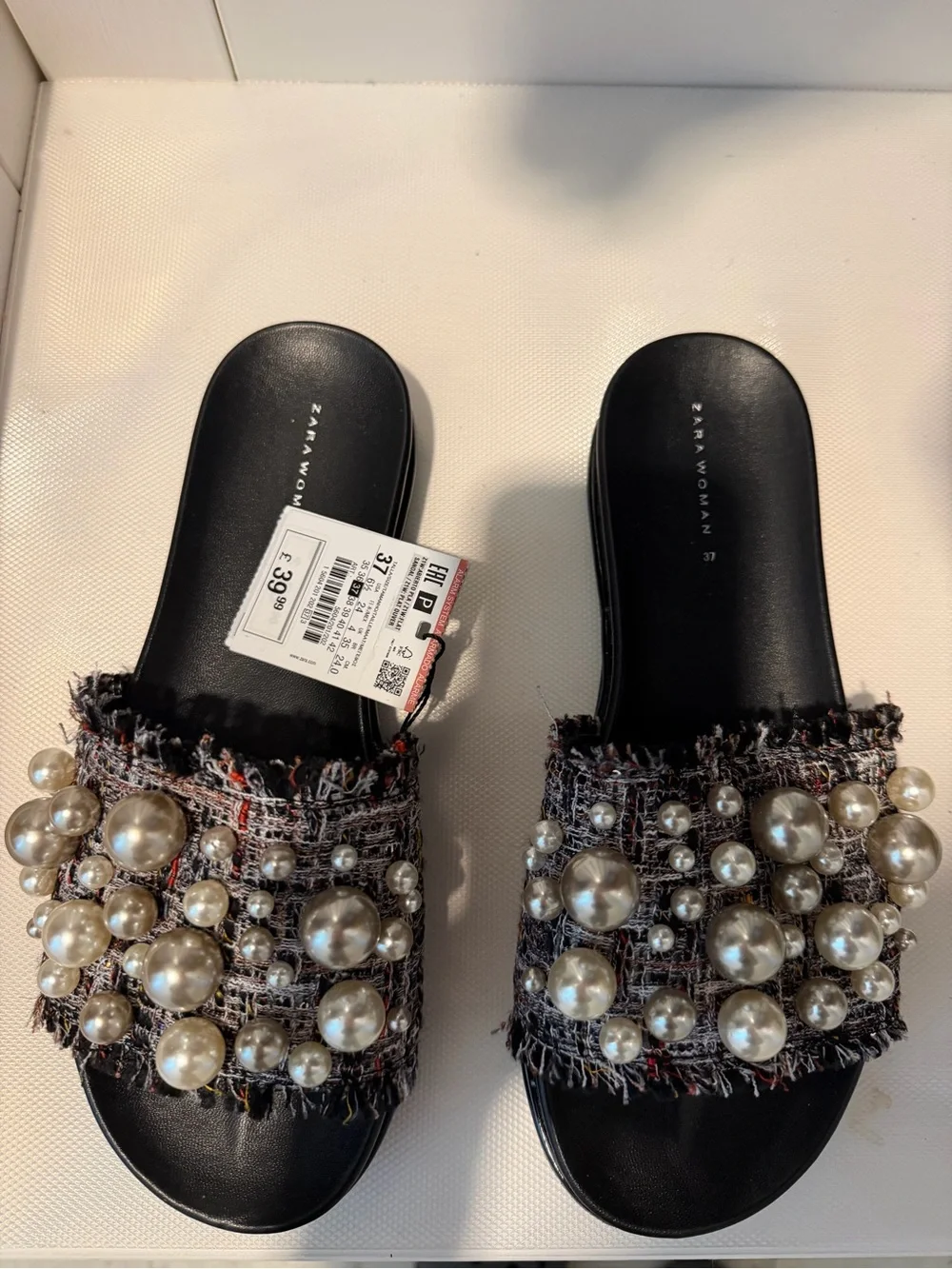 Zara Black Tweed Pearl Slide Sandals - Picture 2 of 5